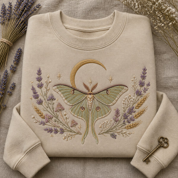 Lunar Moth Wildflower Crescent Moon Cottagecore Witchy embroidered sweatshirt - front view
