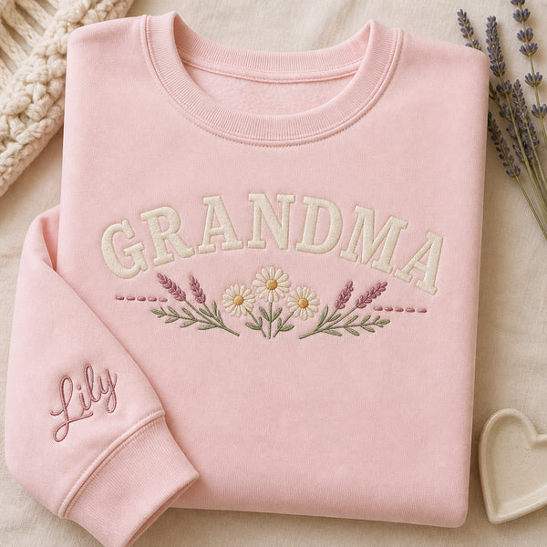 Personalized Grandma Floral Wreath Slab Serif embroidered sweatshirt - front view