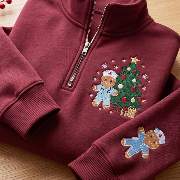 Personalized Christmas Gingerbread Nurse Tree Ornaments Sleeve Custom Name embroidered sweatshirt - front view