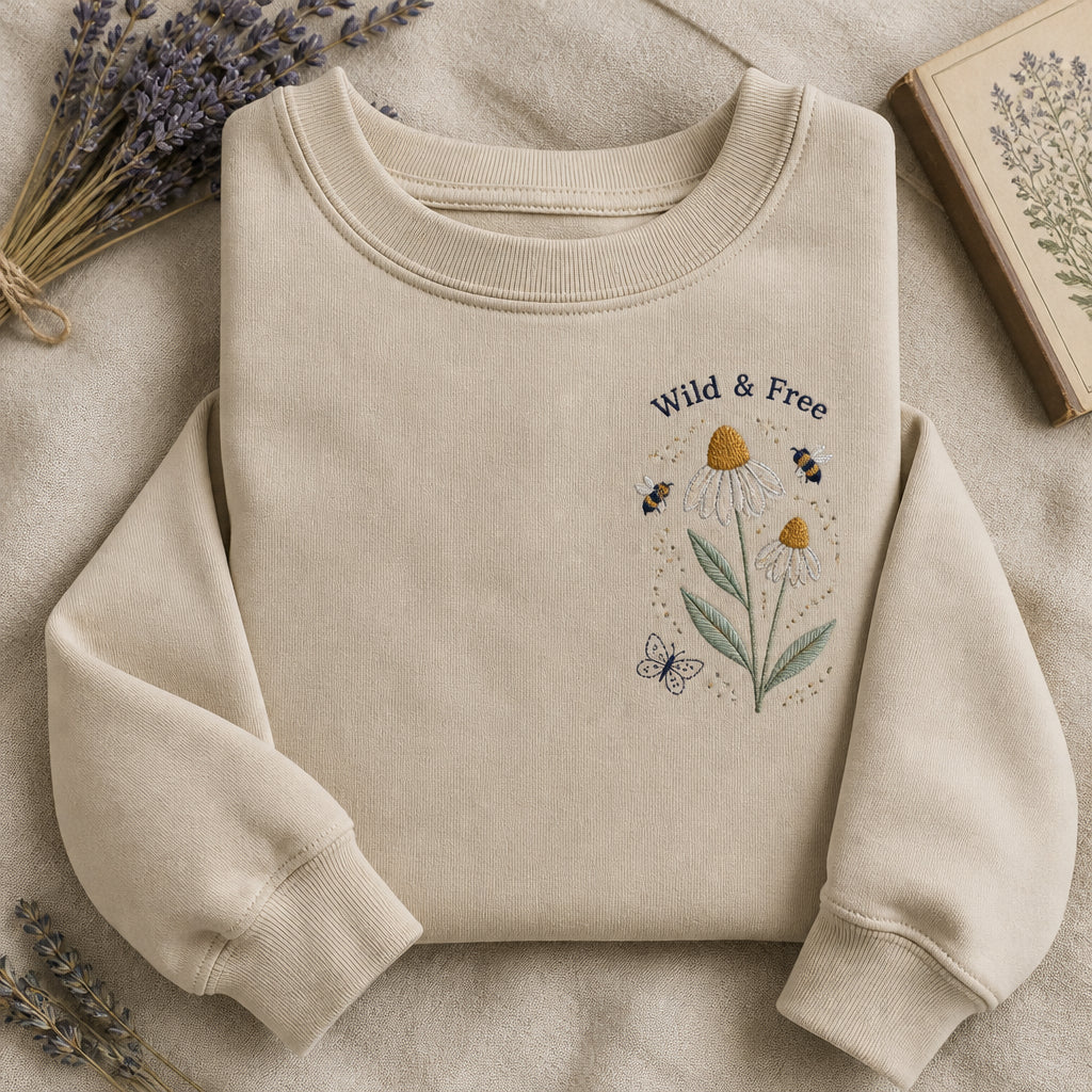 Wild Echinacea Garden Scene Botanical embroidered sweatshirt - front view