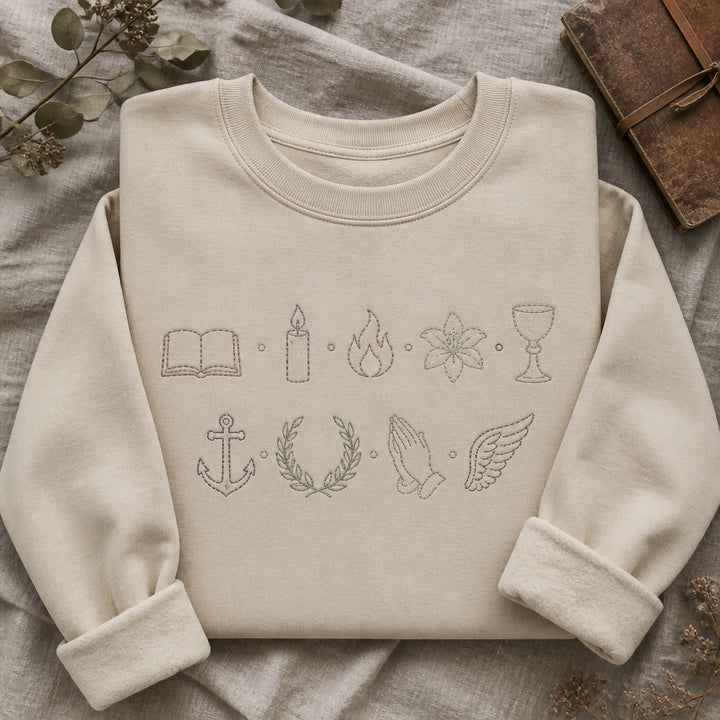 Catholic Faith Icons Two-Row Line Art Christian Women embroidered sweatshirt - front view
