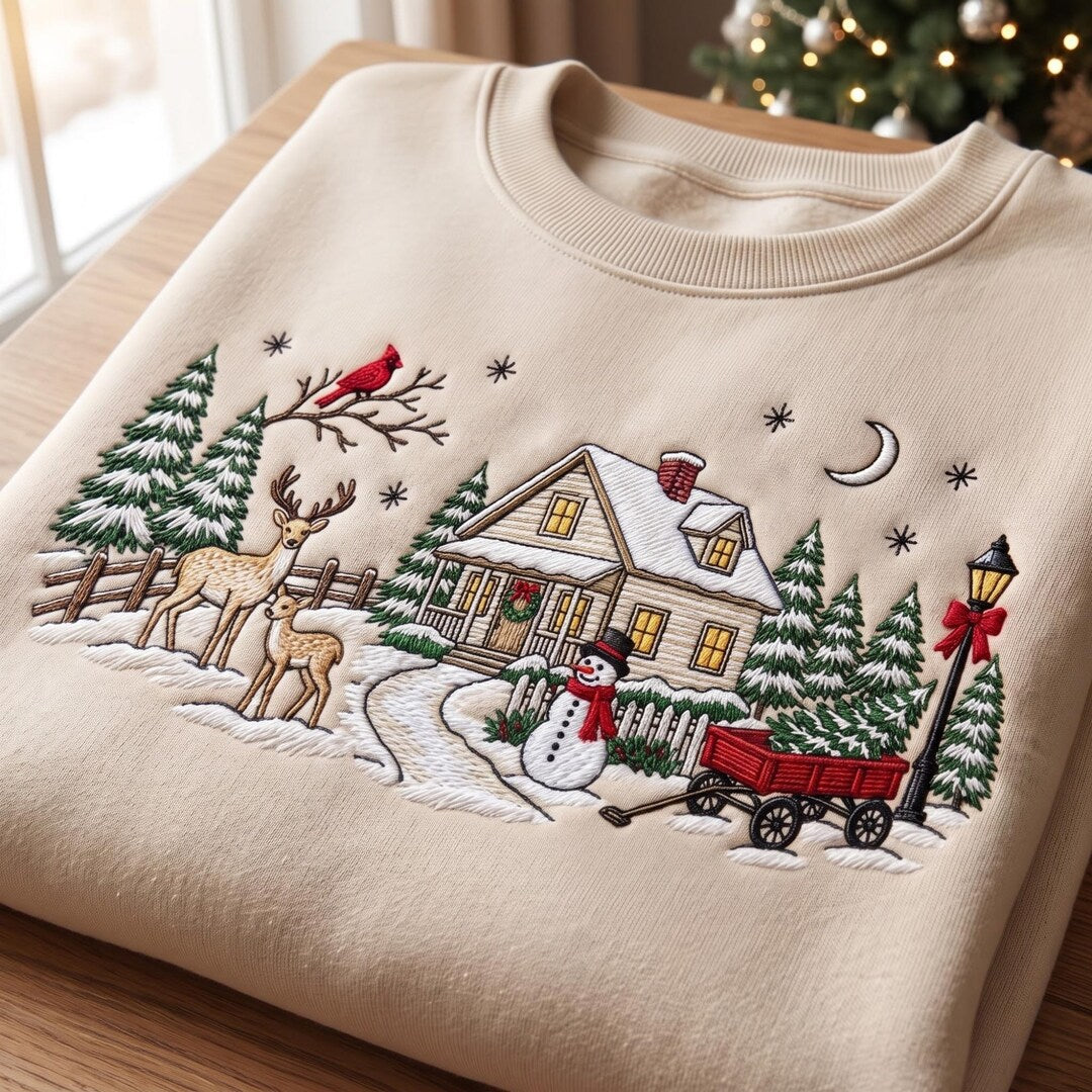 Personalized Christmas Winter Village Snowman Deer Cardinal Red Wagon Custom Name embroidered sweatshirt - front view
