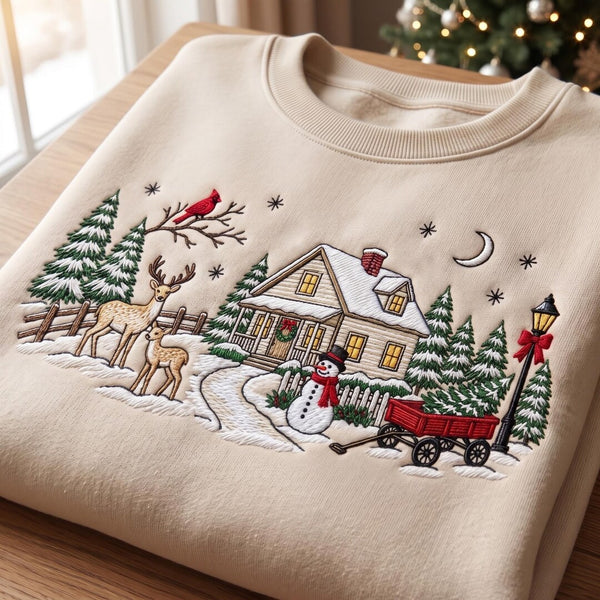 Personalized Christmas Winter Village Snowman Deer Cardinal Red Wagon Custom Name embroidered sweatshirt - front view