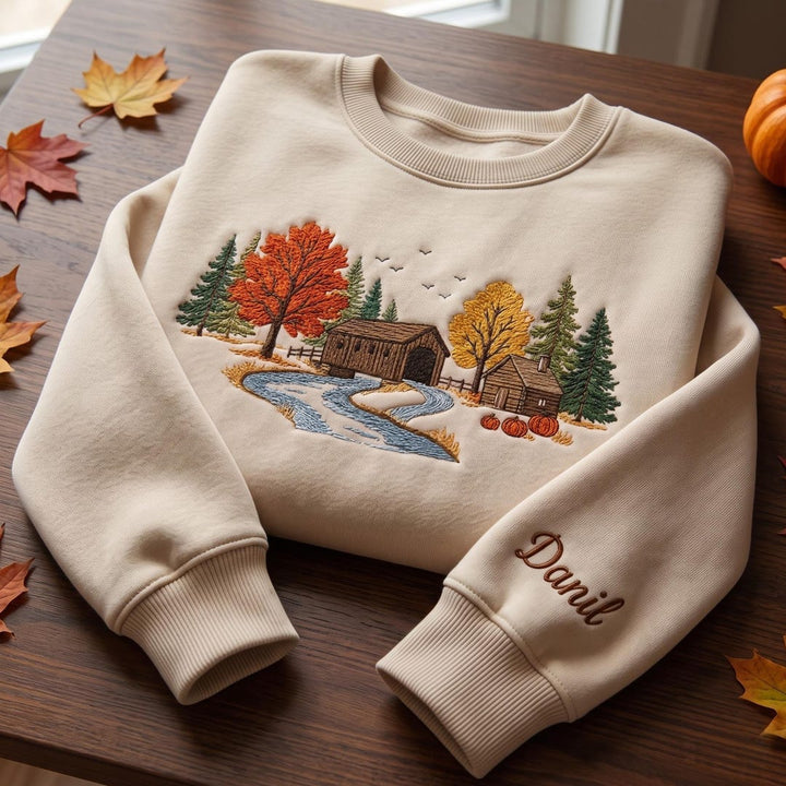 Personalized Autumn Covered Bridge Farmhouse Countryside Pumpkins Custom Name Sleeve embroidered sweatshirt - front view