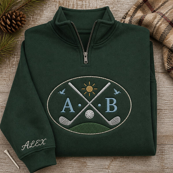 Personalized Crossed Golf Clubs Fairway Scene embroidered quarter-zip - front view