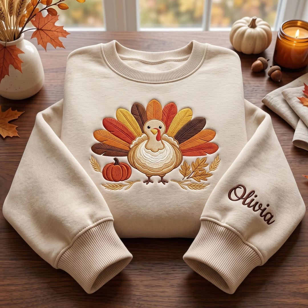 Personalized Thanksgiving Turkey Feathers Pumpkin Oak Leaves Custom Name Sleeve embroidered sweatshirt - front view