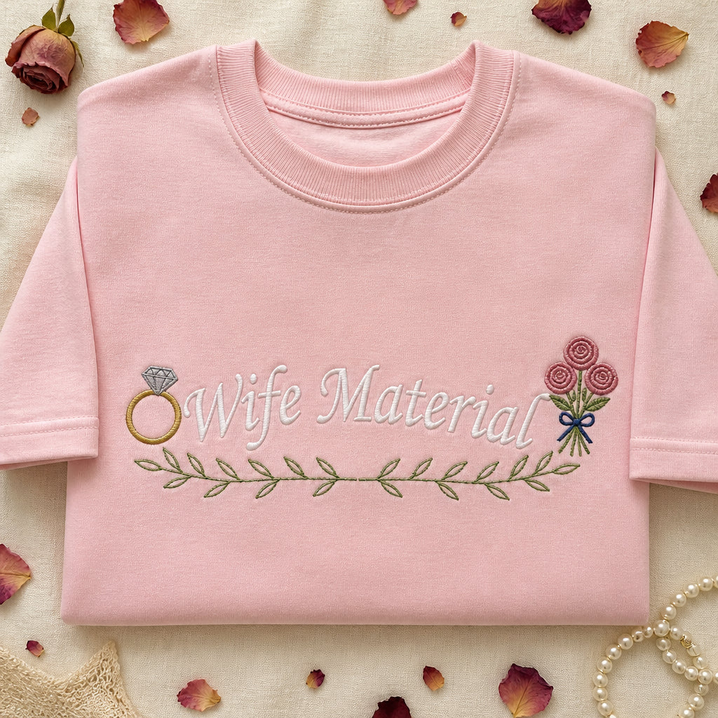 Wife Material Floral Script Crop Baby embroidered t-shirt - front view