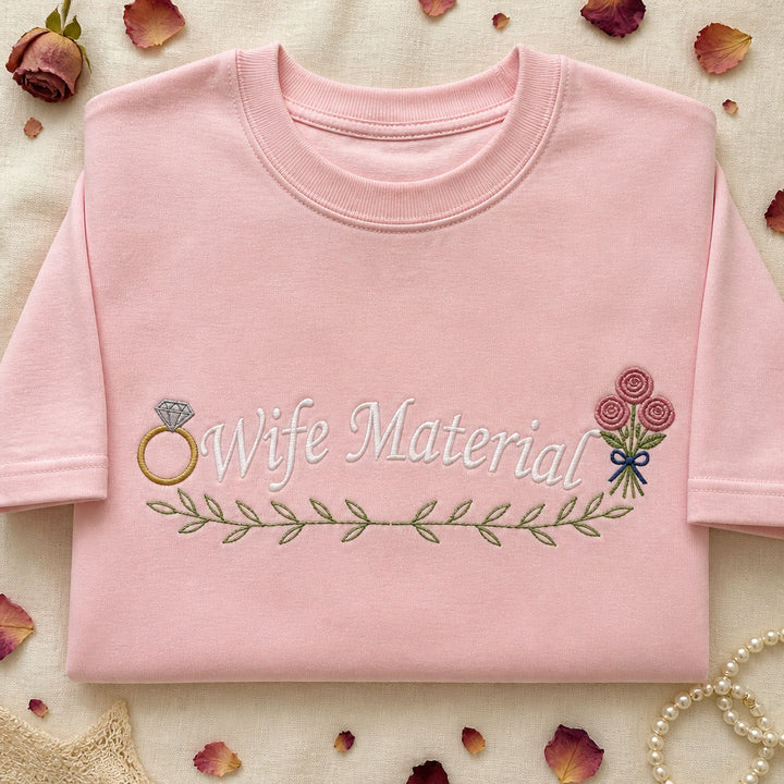 Wife Material Floral Script Crop Baby embroidered t-shirt - front view