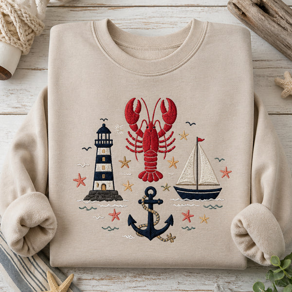 New England Coastal Icons Nautical Summer embroidered sweatshirt - front view
