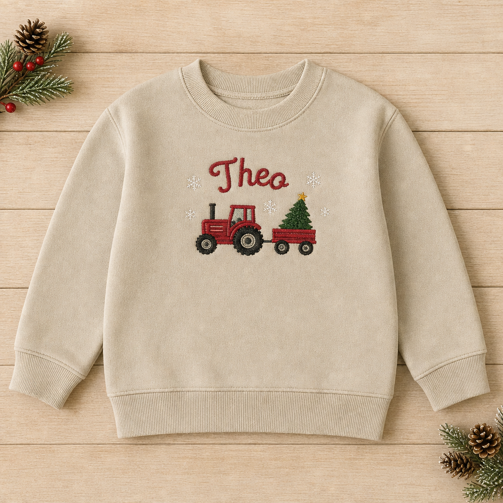 Personalized Christmas Tractor with Tree Name embroidered on a Sand toddler sweatshirt