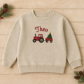 Personalized Christmas Tractor with Tree Name embroidered on a Sand toddler sweatshirt