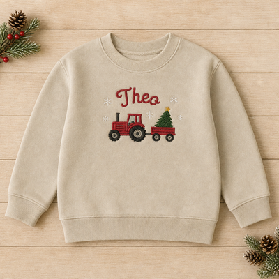 Personalized Christmas Tractor with Tree Name embroidered on a Sand toddler sweatshirt