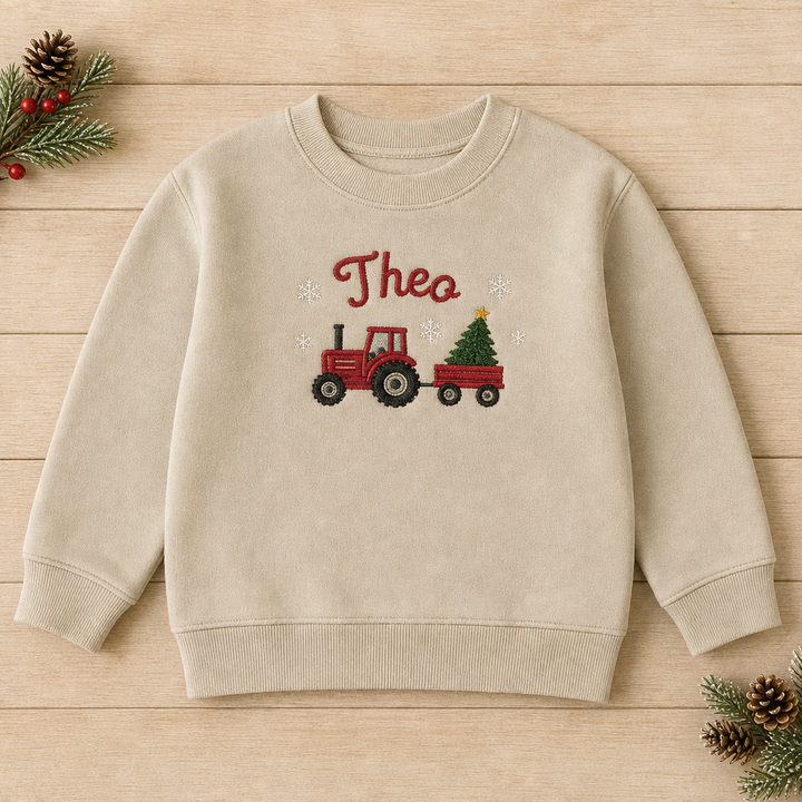 Personalized Christmas Tractor with Tree Name embroidered on a Sand toddler sweatshirt