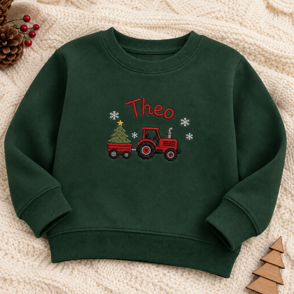 Personalized Christmas Tractor with Tree Name embroidered on a Forest Green toddler sweatshirt