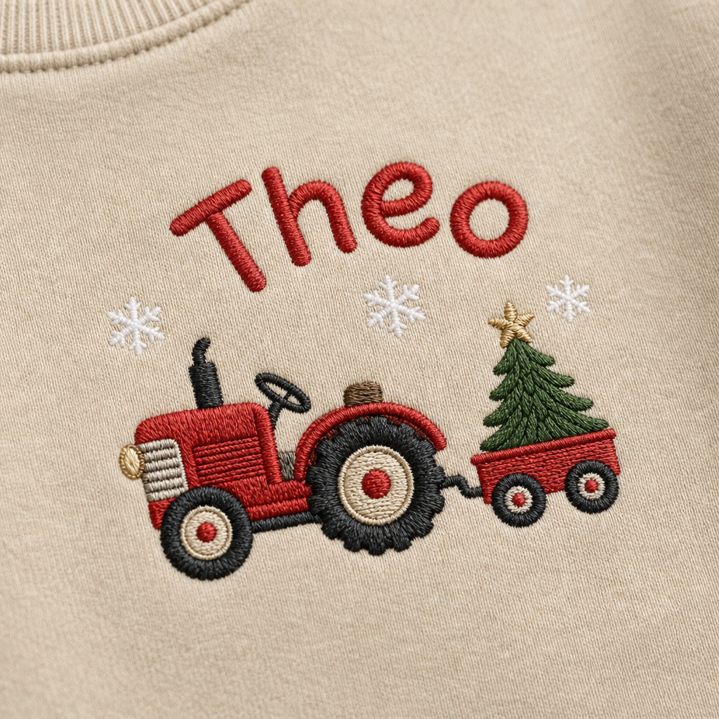 Close-up of the personalized christmas tractor with tree name embroidery