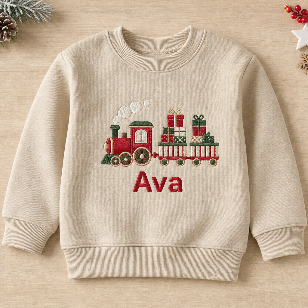 Personalized Christmas Train with Gifts Name embroidered on a Sand toddler sweatshirt