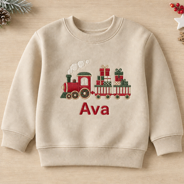 Personalized Christmas Train with Gifts Name embroidered on a Sand toddler sweatshirt