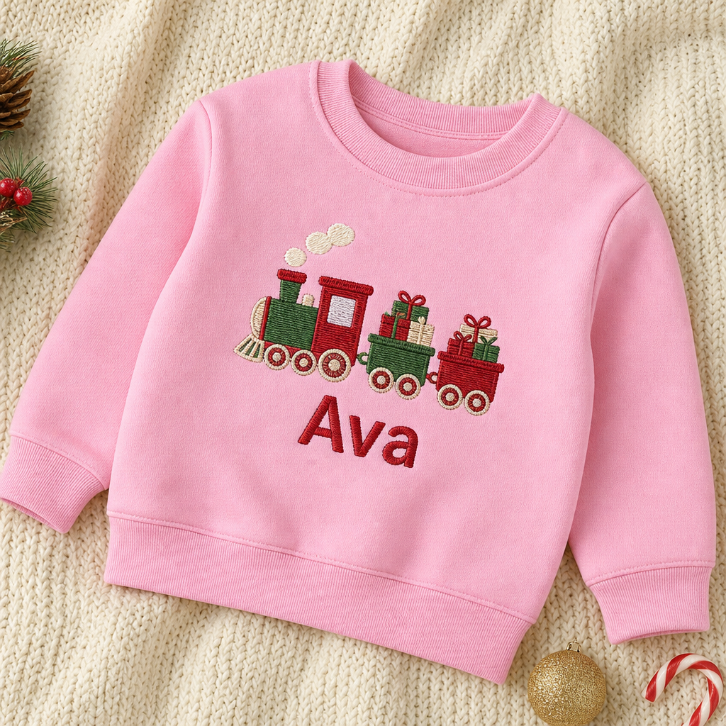 Personalized Christmas Train with Gifts Name embroidered on a Light Pink toddler sweatshirt
