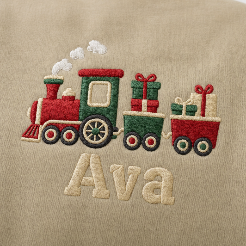 Close-up of the personalized christmas train with gifts name embroidery