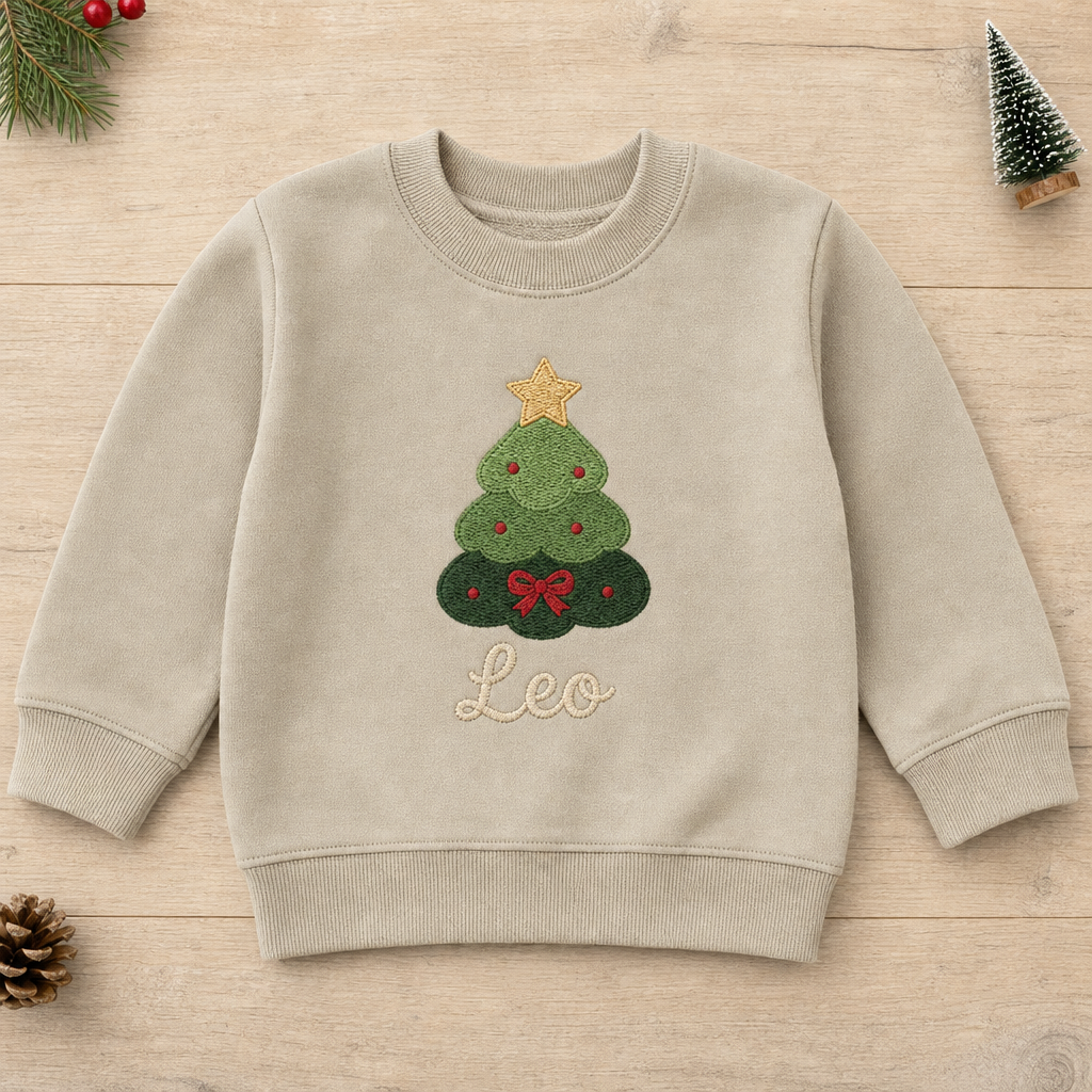 Personalized Christmas Tree with Star Name embroidered on a Sand toddler sweatshirt