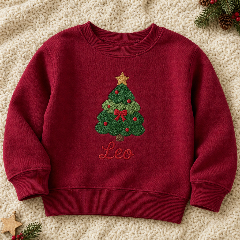 Personalized Christmas Tree with Star Name embroidered on a Maroon toddler sweatshirt