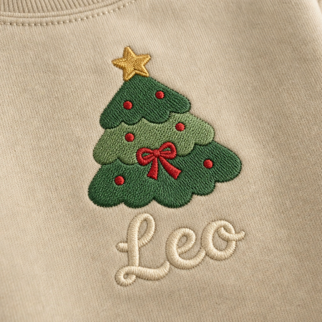 Close-up of the personalized christmas tree with star name embroidery