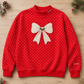 Personalized Christmas Bow Applique embroidered on a Red dot mock neck