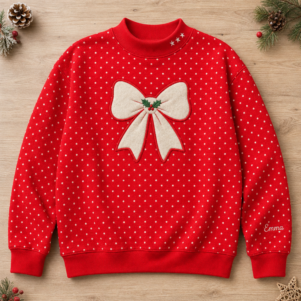 Personalized Christmas Bow Applique embroidered on a Red dot mock neck