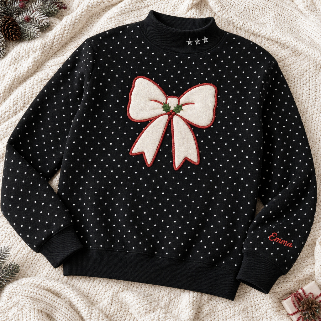 Personalized Christmas Bow Applique embroidered on a Black dot mock neck