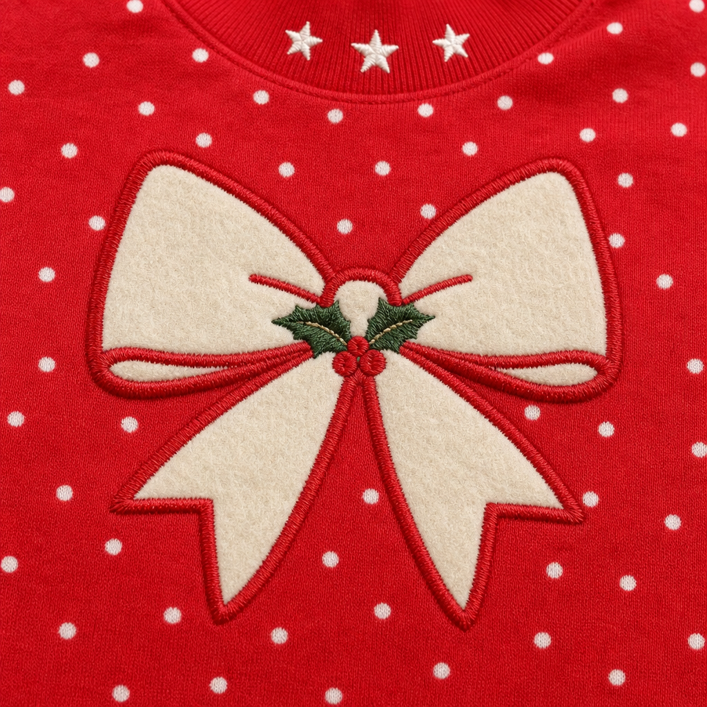 Close-up of the personalized christmas bow applique embroidery