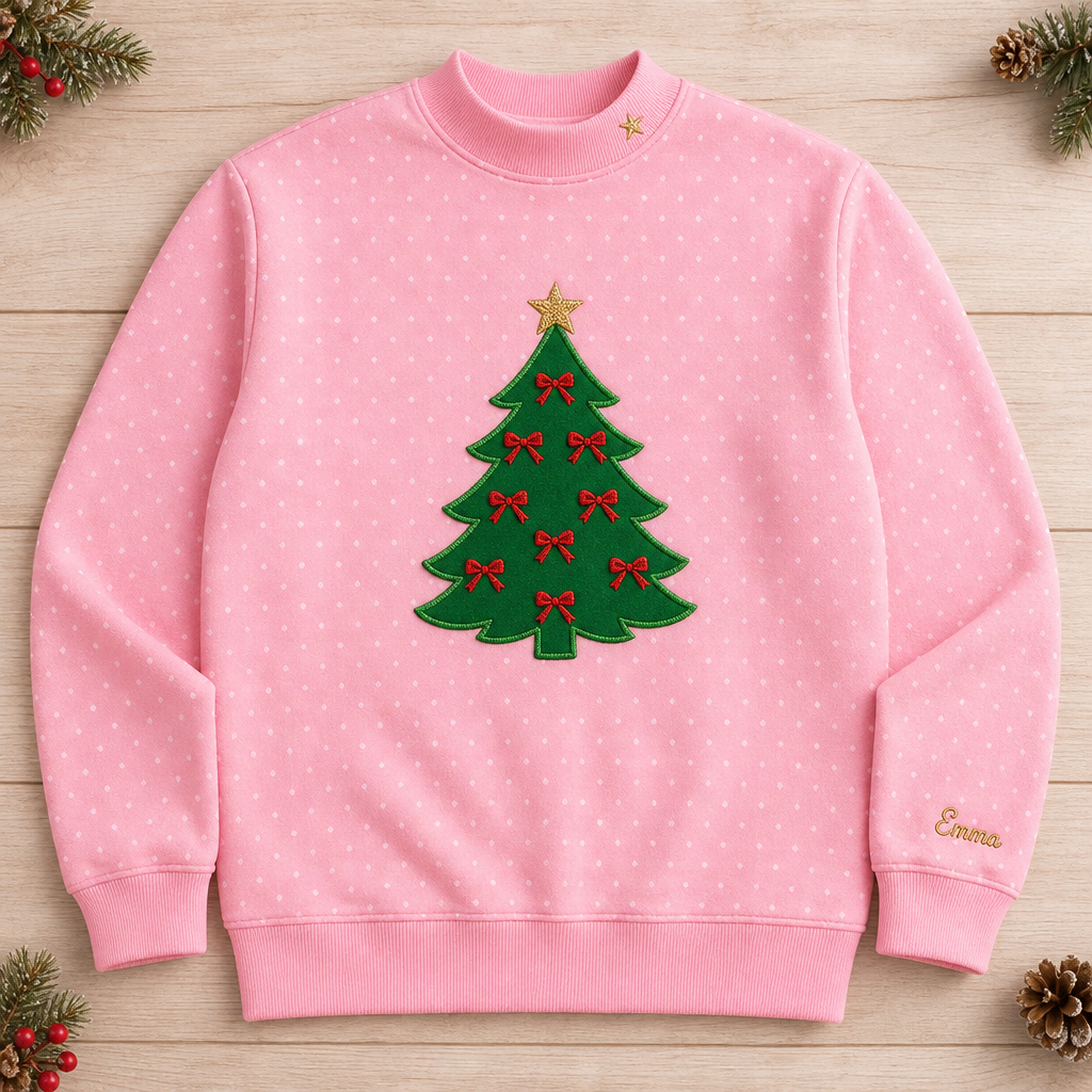 Personalized Christmas Tree Applique with Bows embroidered on a Light Pink dot mock neck
