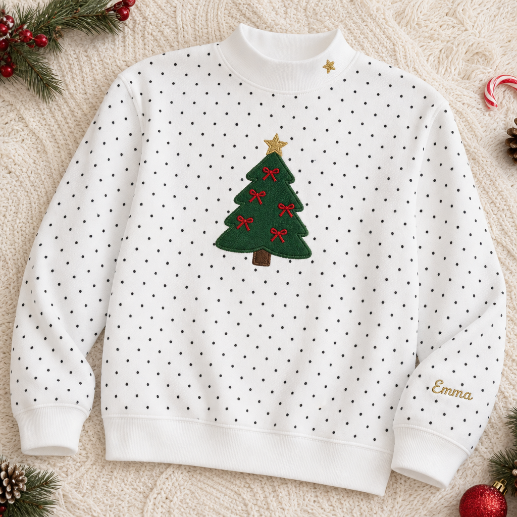 Personalized Christmas Tree Applique with Bows embroidered on a White dot mock neck