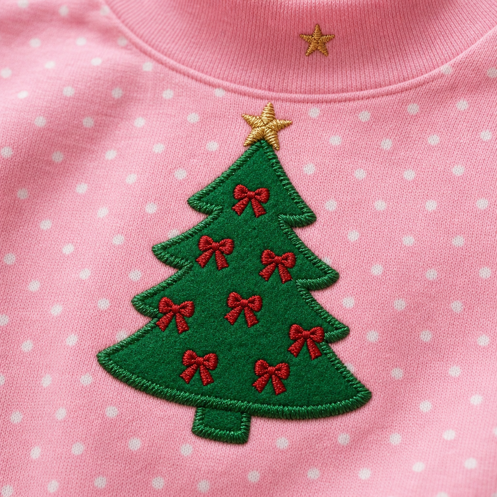 Close-up of the personalized christmas tree applique with bows embroidery