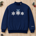 Personalized Winter Snowflakes Applique with Bow embroidered on a Navy dot mock neck
