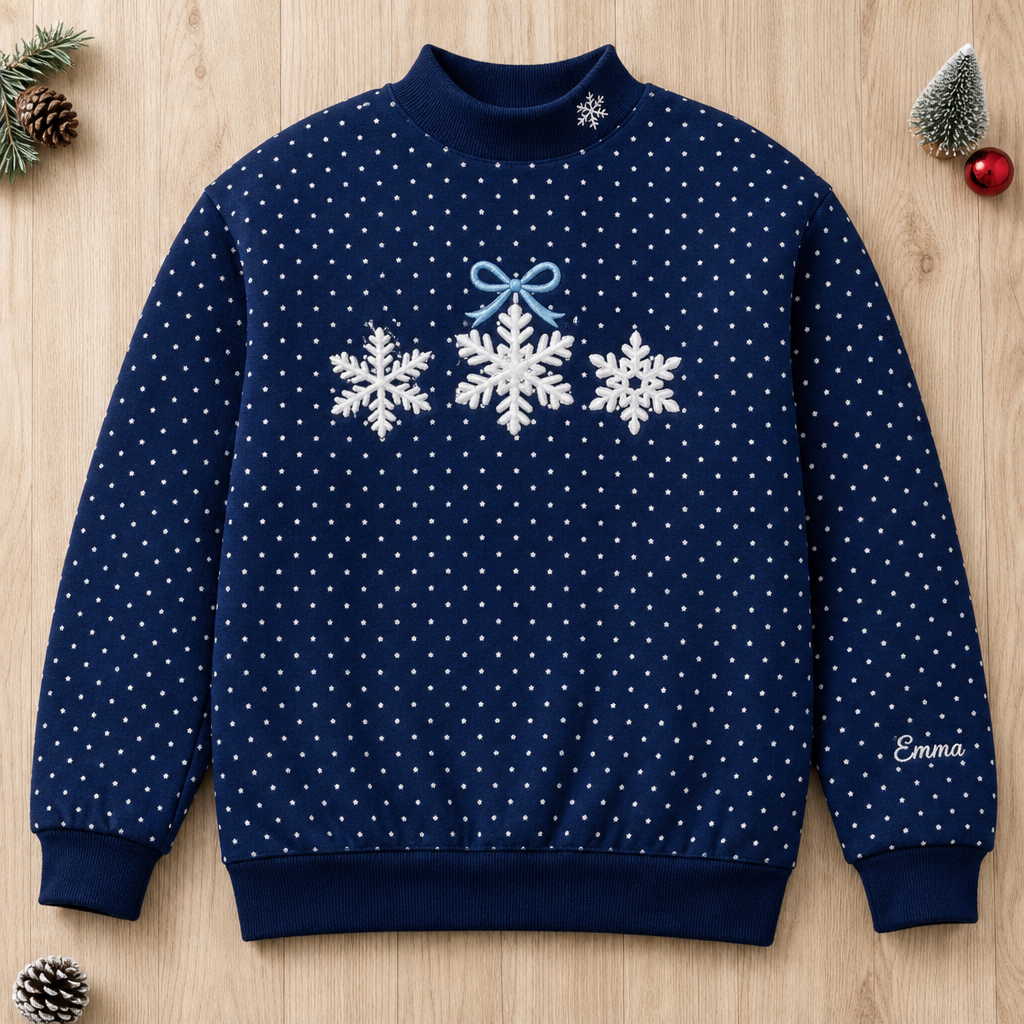 Personalized Winter Snowflakes Applique with Bow embroidered on a Navy dot mock neck