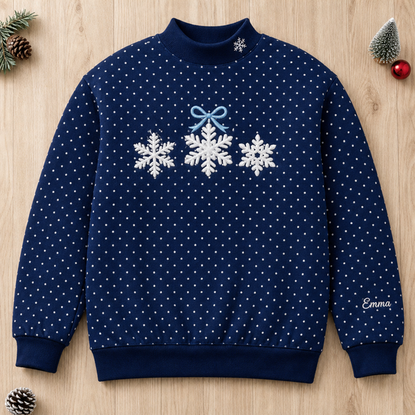 Personalized Winter Snowflakes Applique with Bow embroidered on a Navy dot mock neck