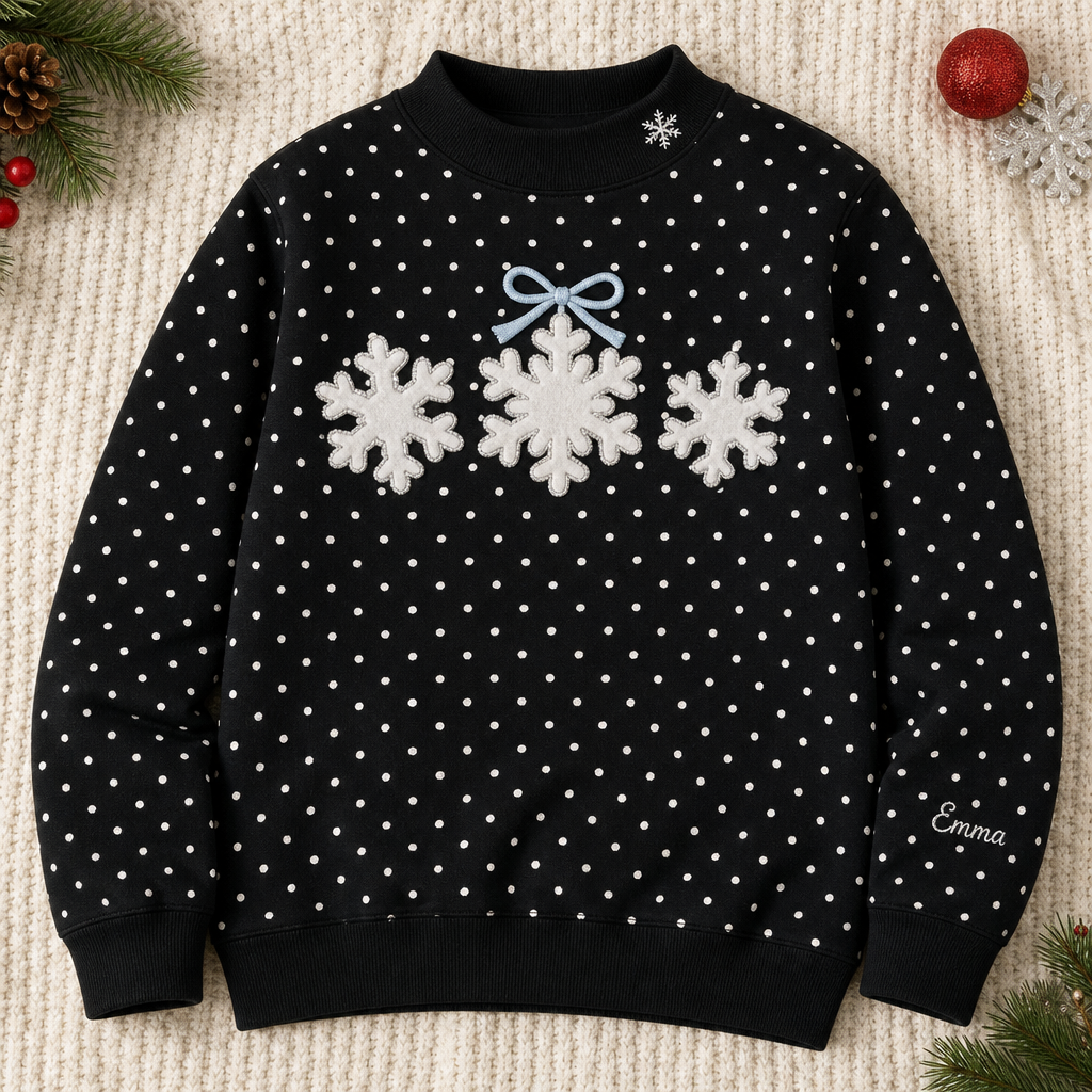 Personalized Winter Snowflakes Applique with Bow embroidered on a Black dot mock neck