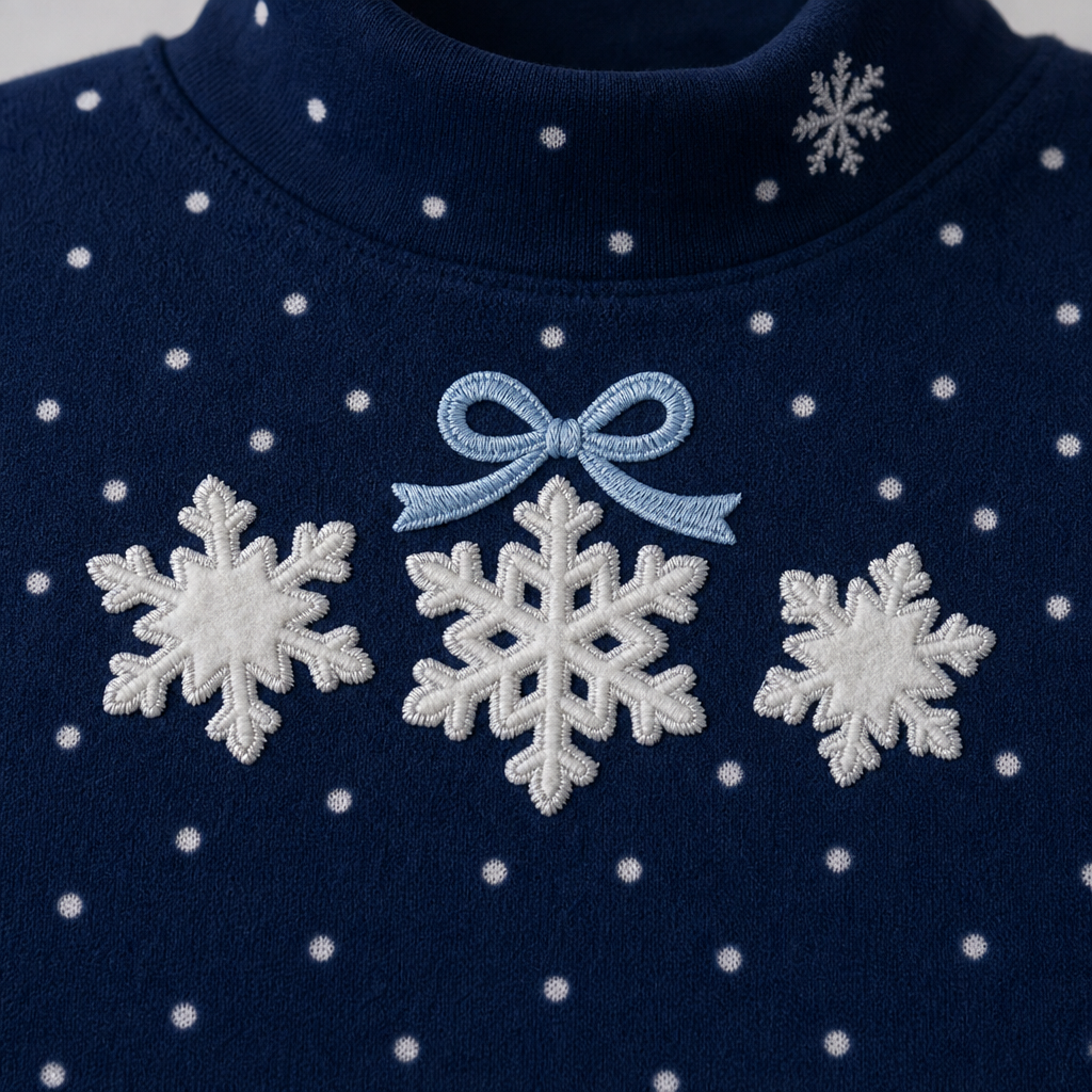 Close-up of the personalized winter snowflakes applique with bow embroidery