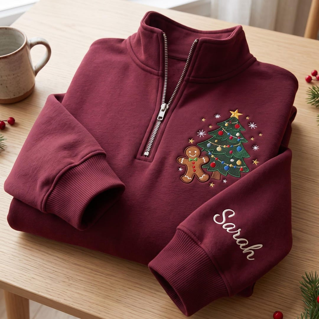 Personalized Christmas Gingerbread Man Tree Star Topper Custom Name Sleeve embroidered sweatshirt - front view