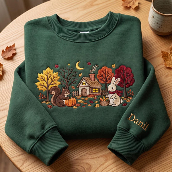 Personalized Autumn Woodland Cottage Squirrel Bunny Pumpkin Custom Name embroidered sweatshirt - front view
