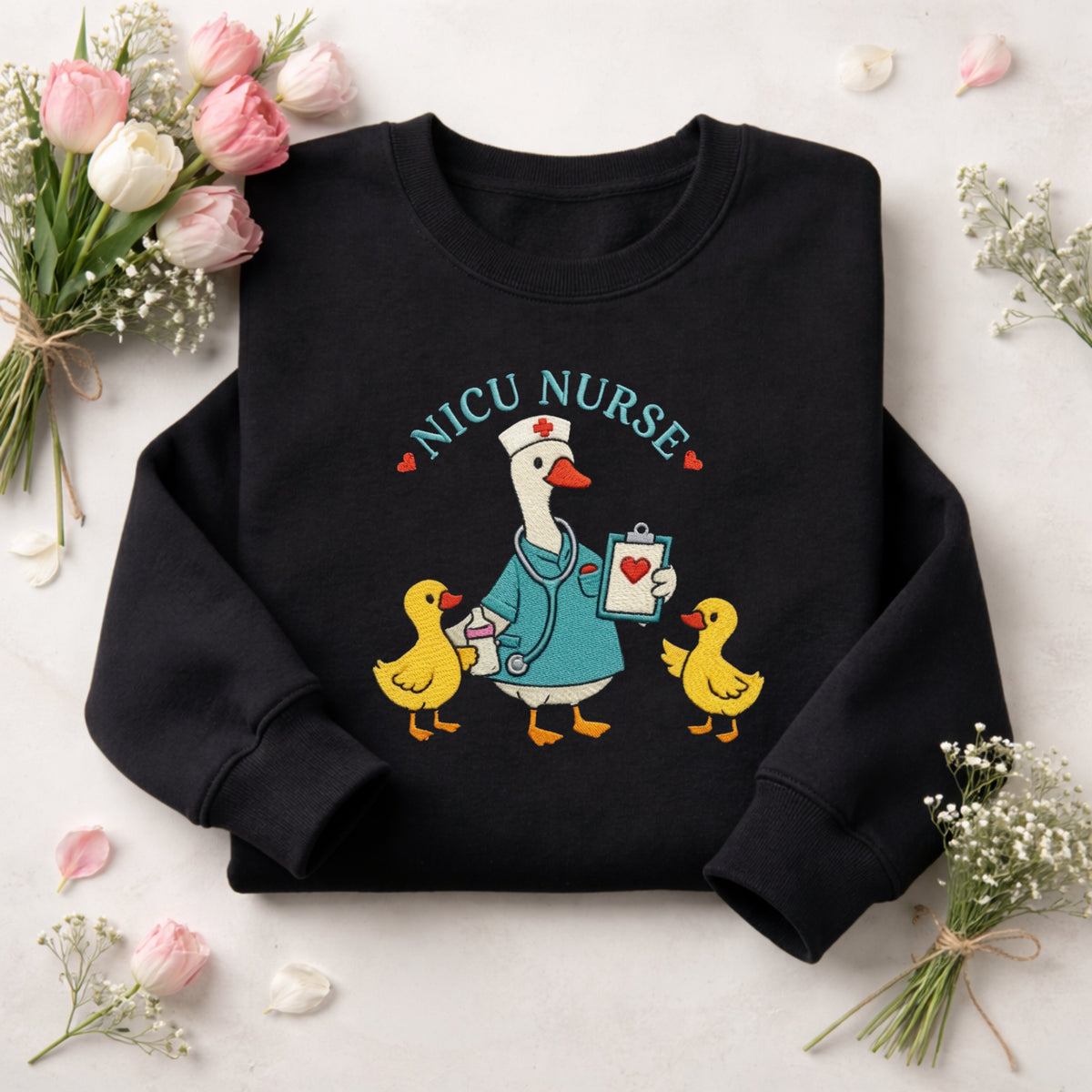 NICU Nurse Goose Baby Ducklings Stethoscope Clipboard embroidered sweatshirt - front view