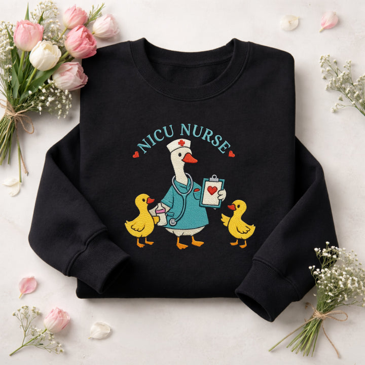 NICU Nurse Goose Baby Ducklings Stethoscope Clipboard embroidered sweatshirt - front view