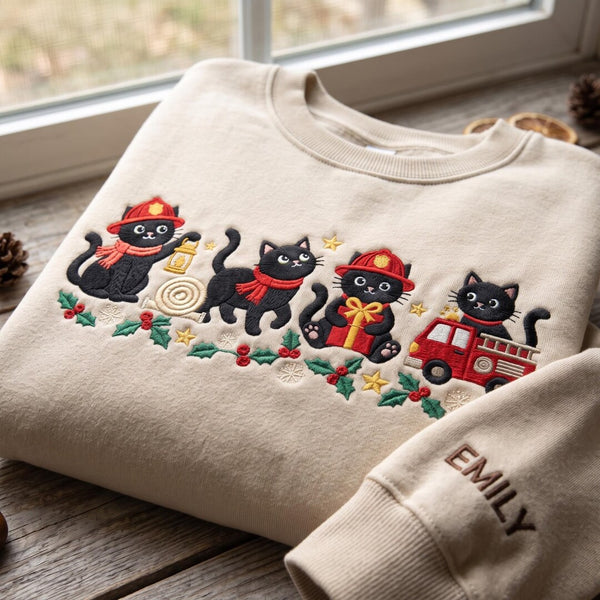 Personalized Black Cat Firefighter Christmas Four Scenes Holly Custom Name embroidered sweatshirt - front view