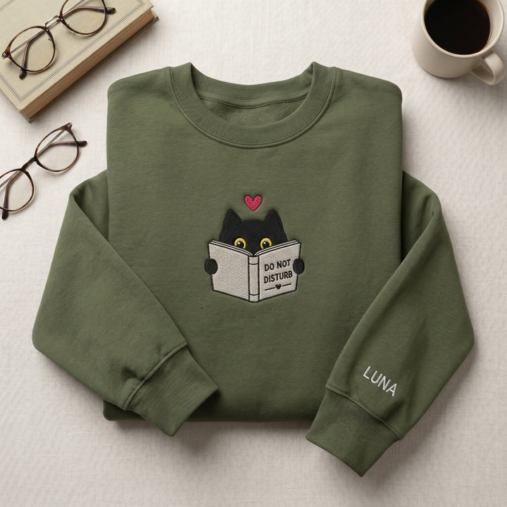 Personalized Cat Reading Book Do Not Disturb Heart embroidered sweatshirt - front view