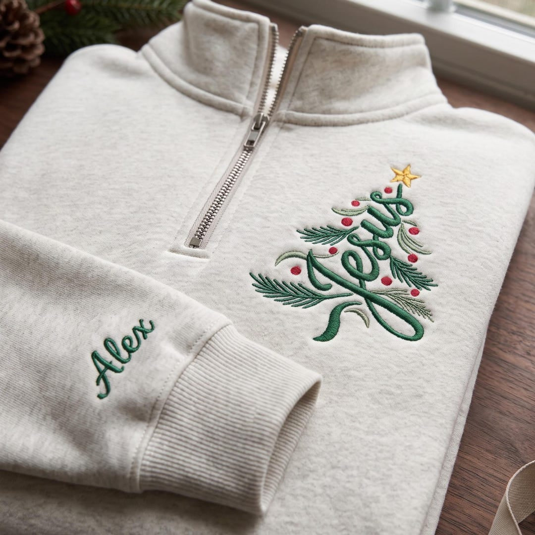 Personalized Jesus Christmas Tree Star Ornaments Calligraphy Custom Name Sleeve embroidered sweatshirt - front view