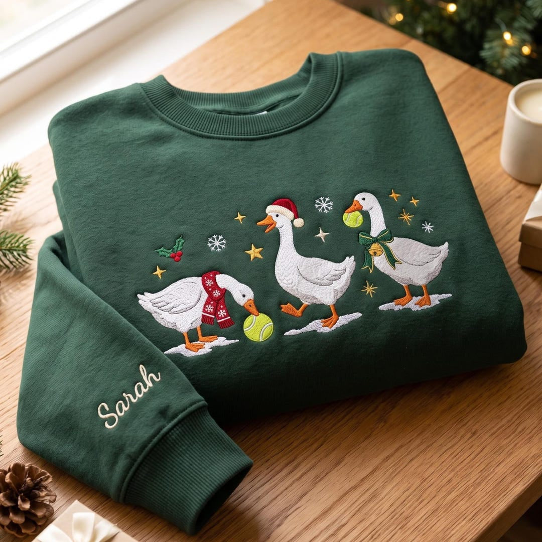 Personalized Christmas Three Geese Tennis Ball Santa Hat Scarf Bow Holiday Custom Name Sleeve embroidered sweatshirt - front view