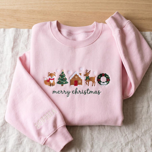 Personalized Merry Christmas Woodland Fox Reindeer Gingerbread House Wreath Custom Name Sleeve embroidered sweatshirt - front view