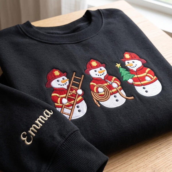 Personalized Christmas Firefighter Snowmen Trio Ladder Hose Tree Custom Name embroidered sweatshirt - front view