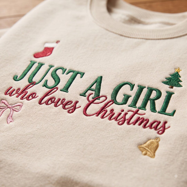 Just A Girl Who Loves Christmas Stocking Tree Bell Bow embroidered sweatshirt - front view