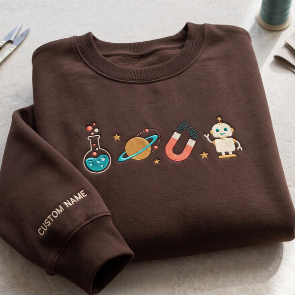 Personalized Science Teacher STEM Robot Planet Beaker Magnet Custom Name embroidered sweatshirt - front view